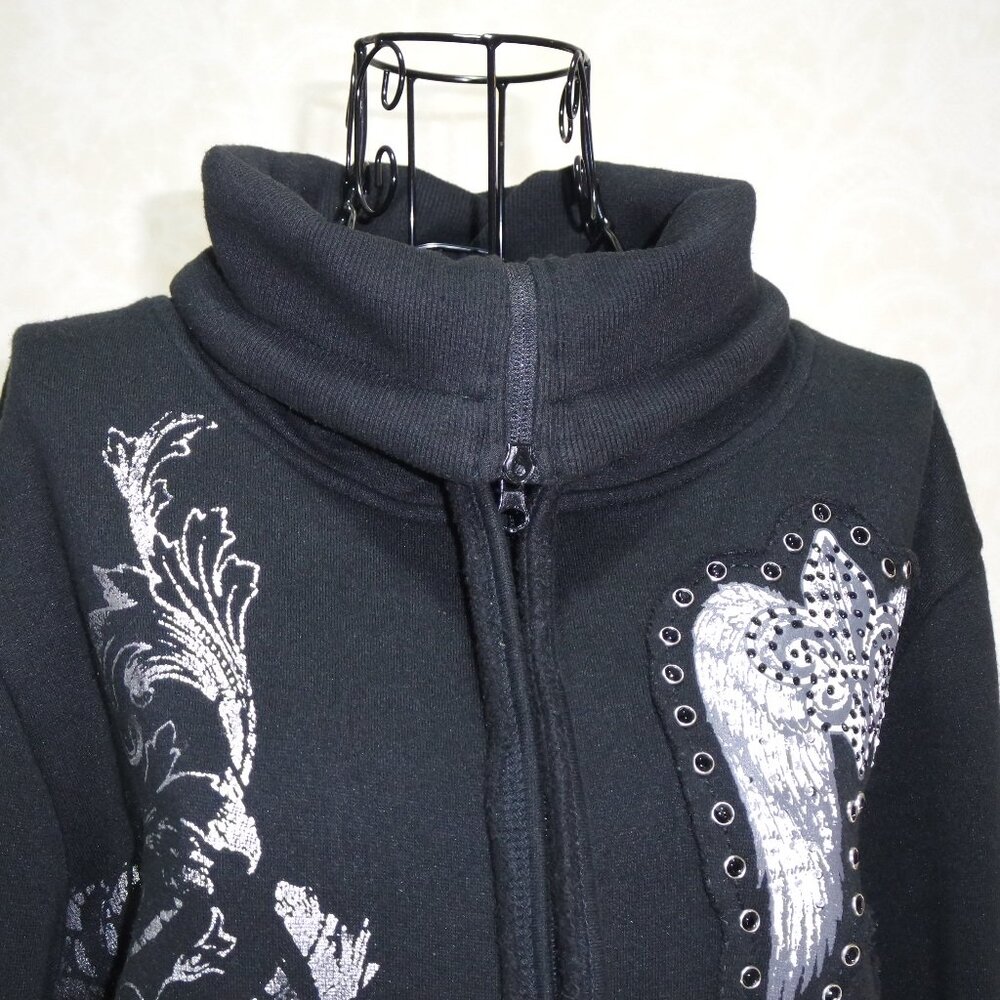 SOHO BABE Black Cowl Neck Full Zip Silver Fleur De Lis Sweatshirt L - Picture 8 of 17
